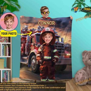 Custom Kids Gift Blanket with Photo, Firefighter Boy and Name Kids Blanket
