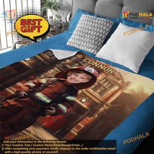 Custom Kids Gift Blanket with Photo Firefighter Boy and Name Kids Blanket 3