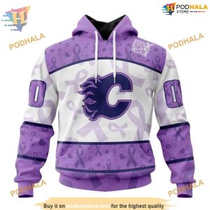 Custom Lavender Fight Cancer NHL Calgary Flames Hoodie 3D Sweatshirt 1