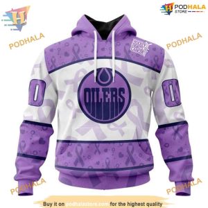 Custom Lavender Fight Cancer NHL Edmonton Oilers Hoodie 3D 1