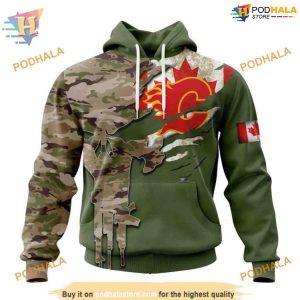 Custom Name And Number Camo Skull Design NHL Calgary Flames Hoodie 3D 1