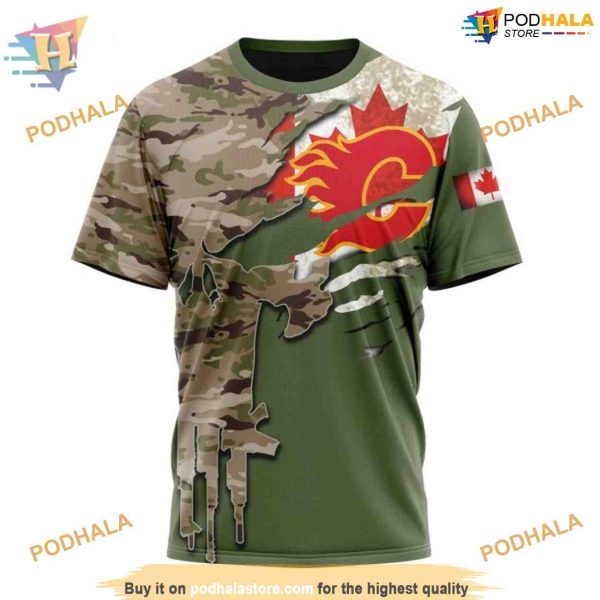 Custom Name And Number Camo Skull Design NHL Calgary Flames Hoodie 3D