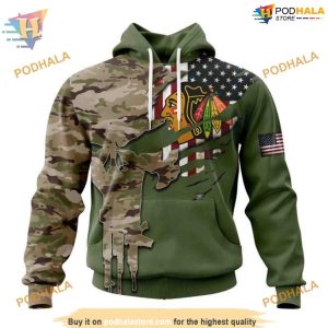 Custom Name And Number Camo Skull Design NHL Chicago Blackhawks Hoodie 3D 1