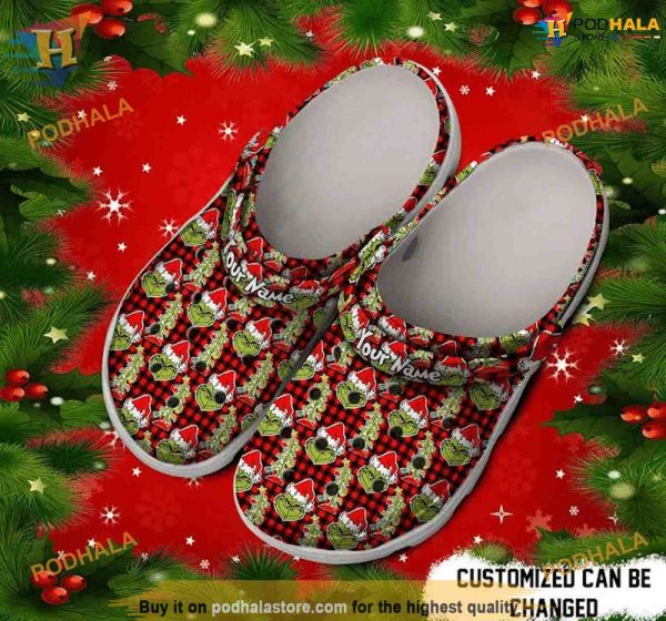 Custom Name Black Red Tartan Grinch Gift Clogs, Creative Christmas Shoe Ideas