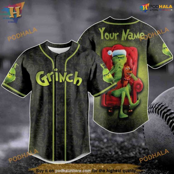 Custom Name The Grinch Baseball Jersey, Grinch Face Christmas 3D Cartoon Character Jersey