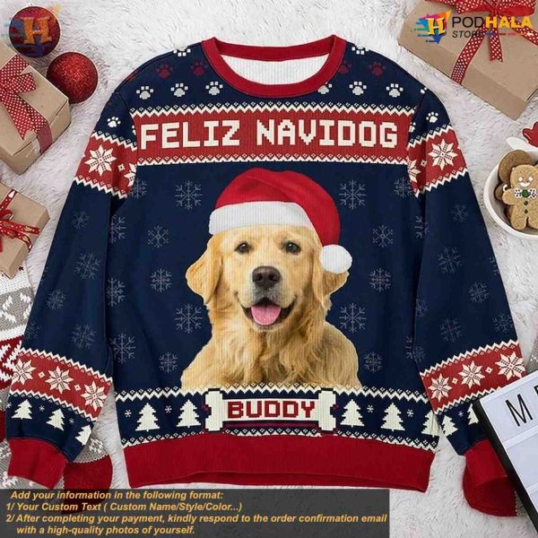 Custom Photo Dog & Cat Christmas Sweater, Ugly Sweater Gift for Pet Owners