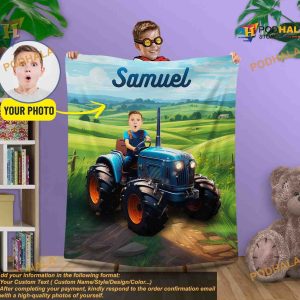 Custom  Photo Little Farmer Kids Name Blanket, Boy on Tractor Gift Blanket