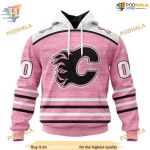 Custom Pink Fight Breast Cancer Design NHL Calgary Flames Hoodie 3D 1