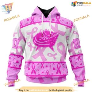Custom Pink October Breast Cancer Awareness Month NHL Columbus Blue Jackets Hoodie 3D 1