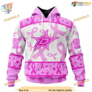 Custom Pink October Breast Cancer Awareness Month NHL Dallas Stars Hoodie 3D 1