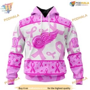 Custom Pink October Breast Cancer Awareness Month NHL Detroit Red Wings Hoodie 3D 1