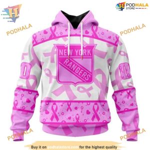 Custom Pink October Breast Cancer Awareness Month NHL New York Rangers Hoodie 3D 1