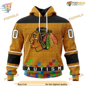 Custom Unisex Hockey Fights Against Autism NHL Chicago Blackhawks Hoodie 3D 1