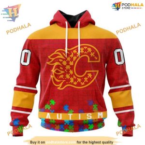 Custom Unisex Kits Hockey Fights Against Autism NHL Calgary Flames Hoodie 3D 1