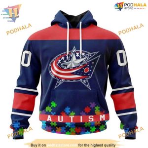 Custom Unisex Kits Hockey Fights Against Autism NHL Columbus Blue Jackets Hoodie 3D 1
