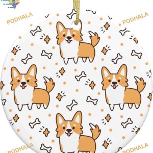 Cute Corgi Dog Christmas Ornament, 2023 Family Tree Decor, Ceramic Round Keepsake