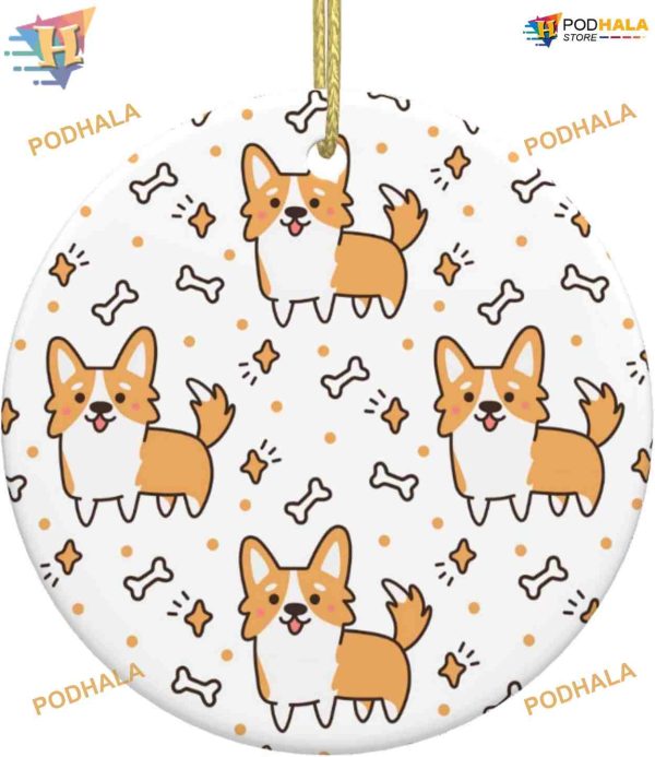Cute Corgi Dog Christmas Ornament, 2023 Family Tree Decor, Ceramic Round Keepsake