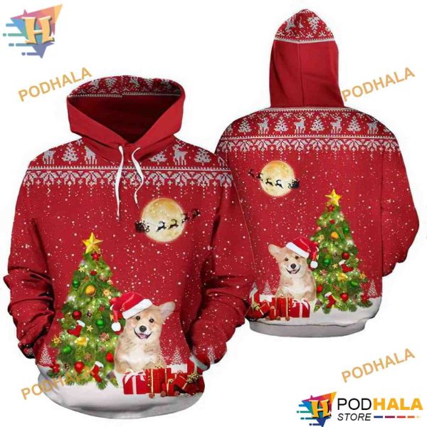 Cute Corgi Pattern On Red Funny Christmas Hoodie, Funny Xmas Gifts