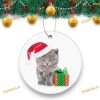 Cute Kitten Santa Hat Ornament, 2023 Family Christmas Decor, Round Ceramic Keepsake