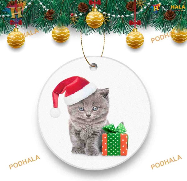 Cute Kitten Santa Hat Ornament, 2023 Family Christmas Decor, Round Ceramic Keepsake