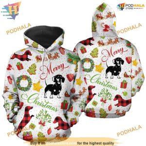Dachshund Merry Pattern On White Funny Christmas Hoodie, Xmas Gifts