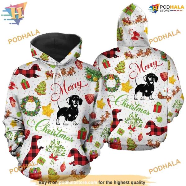 Dachshund Merry Pattern On White Funny Christmas Hoodie, Xmas Gifts