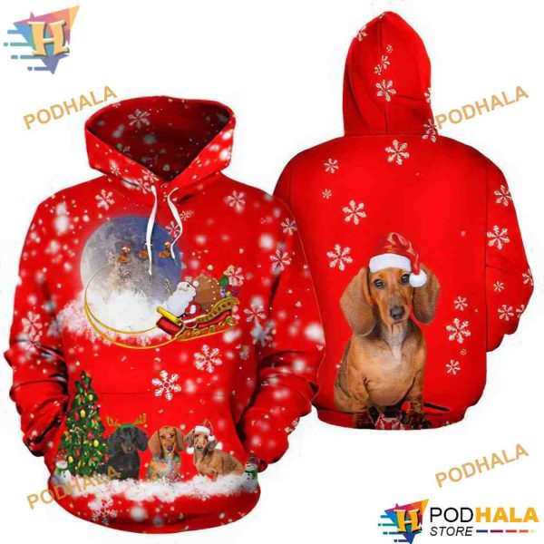Dachshund Pattern On Red Funny Christmas Hoodie, Xmas Gifts