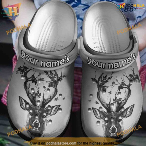 Deer Portrait Black & White Shoes Crocs Clog, Xmas Birthday Gift Ideas