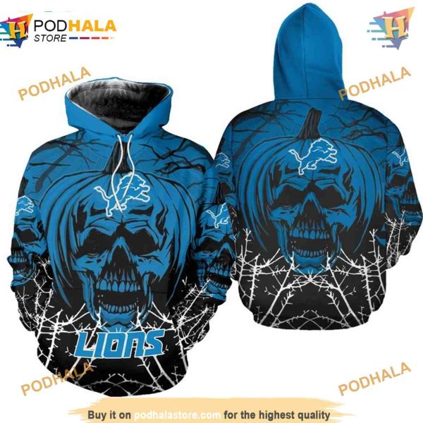 Detroit Lions NFL Hoodie 3D, Pumpkin Skull NFL Merchandise Print