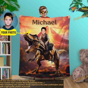 Dinosaur Lover Custom Photo Blanket, T-Rex Dinosaur Blanket, Jurassic Room Decor Gift
