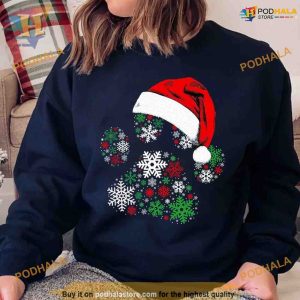 Dog Footprint & Hat Xmas Shirt, For Dog Moms' Funny Christmas Gift Ideas