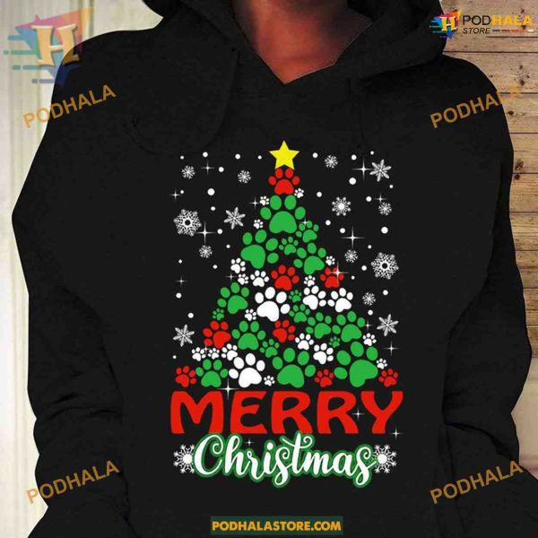 Dog Footprint Pine Tree Christmas Shirt, Best Family Christmas Gifts