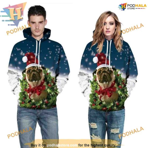 Dog Santa Pattern Christmas 3D Hoodie, Creative Holiday Apparel