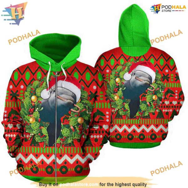 Dolphin Wreath Pattern Red Funny Christmas Hoodie, Xmas Gifts