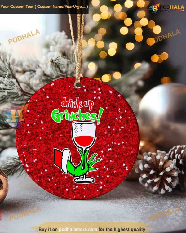 Drink Up Grinches Wine Lovers’ Grinch Ornament, Grinch Christmas Ornaments for Parties