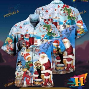 Drums Playing Santa Hawaiian Shirt, Mens Christmas Hawaiian Shirt