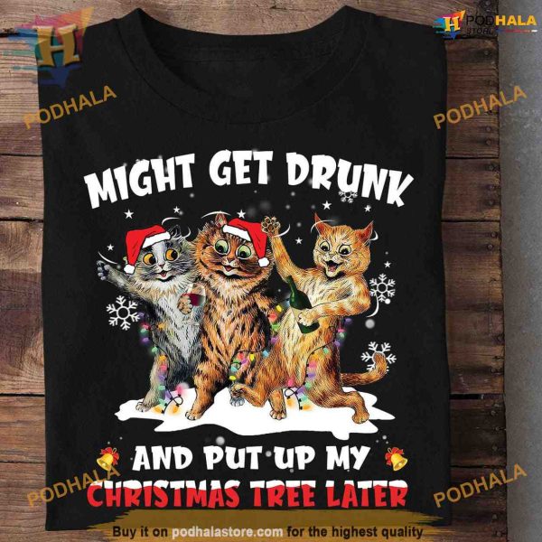 Drunk Cat Christmas Tree Shirt, Family Funny Christmas Shirt