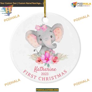 Elephant Baby Girl's First Christmas 2023, Personalized Ceramic Ornament
