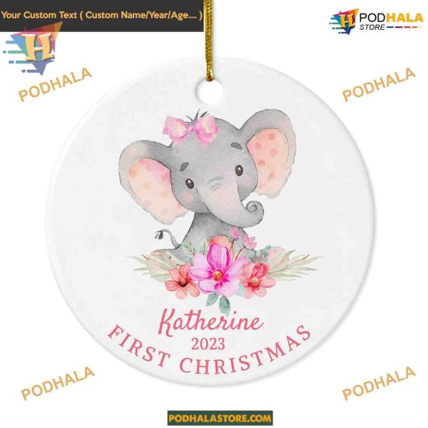 Elephant Baby Girl’s First Christmas 2023, Personalized Ceramic Ornament