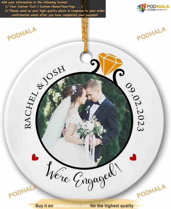 Engaged 2023 Ornament Personalized Photo, Custom Names & Date, Couples Ceramic Keepsake