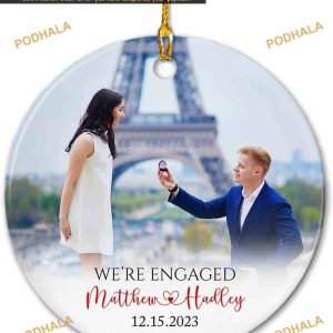 Engaged 2023 Personalized Photo Ceramic Ornament, Custom Couple First Christmas Memory