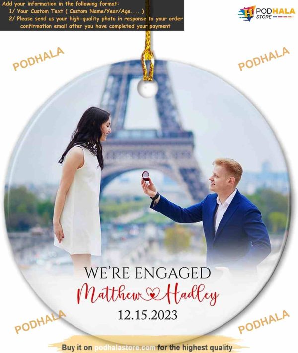 Engaged 2023 Personalized Photo Ceramic Ornament, Custom Couple First Christmas Memory