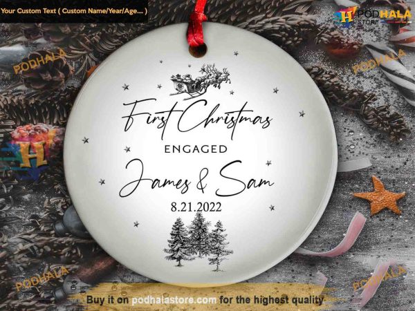 Engaged Couple’s 1st Christmas Ornament, Personalized Ceramic Keepsake