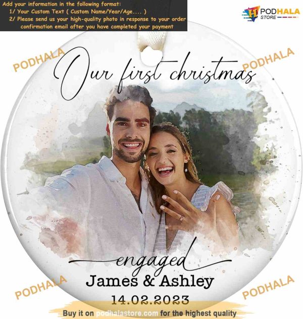 Engagement Ornament 2023 Personalized Names & Dates, Ceramic Keepsake