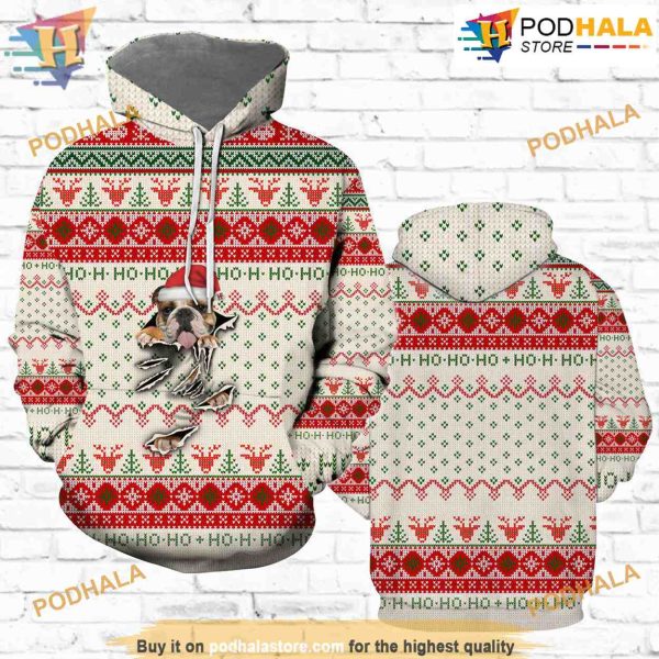 English Bulldog Scratch 3D Funny Christmas Hoodie, Xmas Gifts