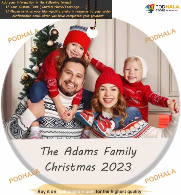 Family Christmas Ornament 2023 Personalized Custom Picture Text, Ceramic Keepsake Decoration
