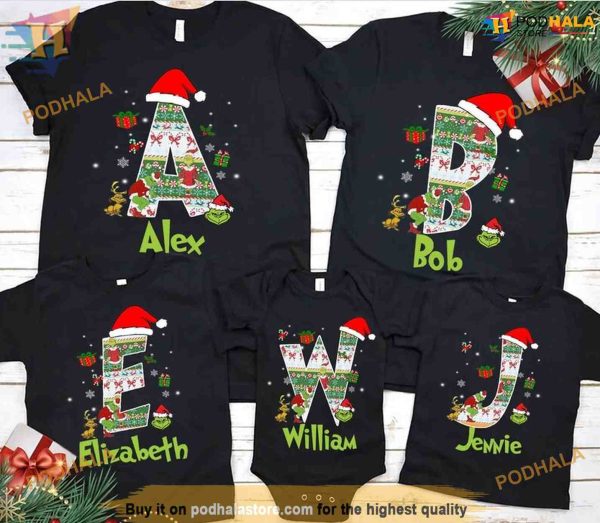 Family Grinch Alphabet Shirt, Grinch Xmas Shirt, Custom Holiday Pajama
