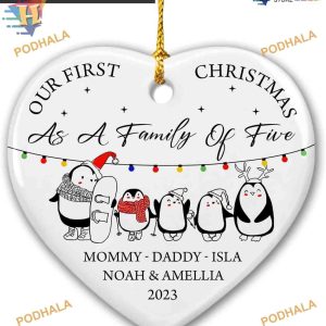 Family of 5 Penguin 2023 Ornament, Personalized First Christmas Family Ornament