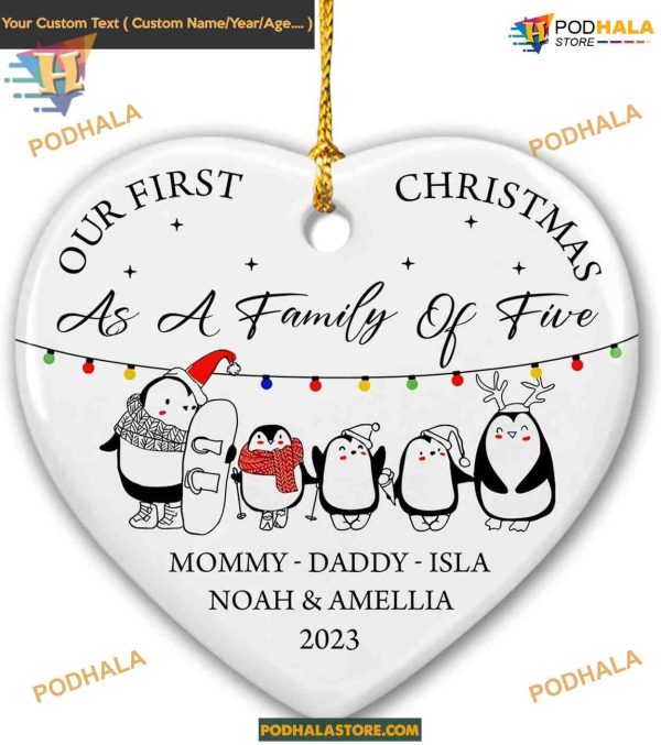 Family of 5 Penguin 2023 Ornament, Personalized First Christmas Family Ornament