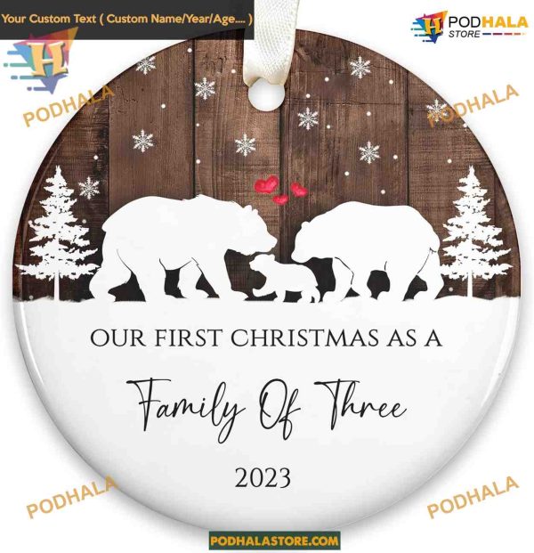 Family of Three 2023 Baby’s First Christmas, Custom Ceramic Ornament